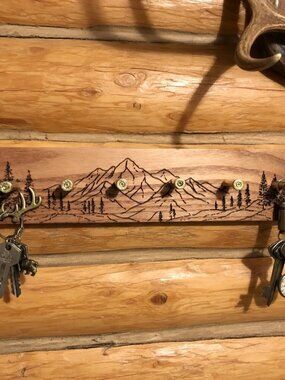Rustic Wooden Mountain Key Rack - Laser Engraved Pine Trees & Peaks